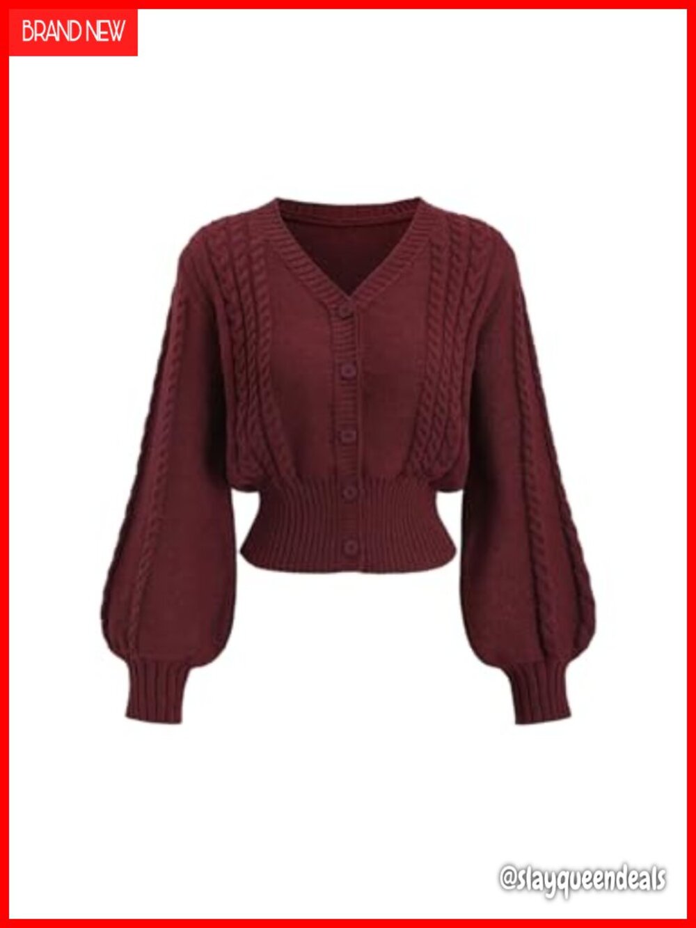 Cable Knit Button Up Crop Cardigan Bishop Sleeve Cinched Waist Sweater